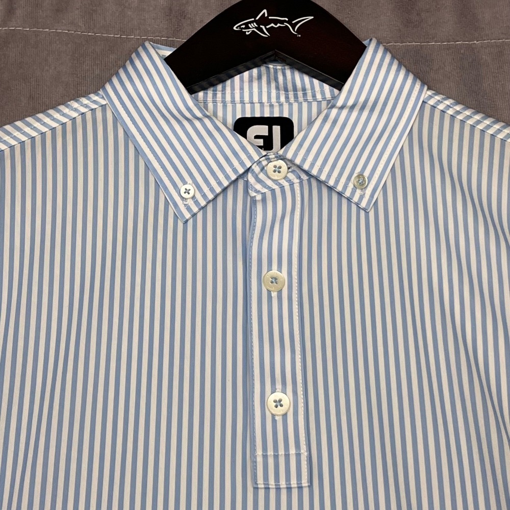FootJoy Polo Shirt Mens Small Blue White Striped Excellent Button Down Collar